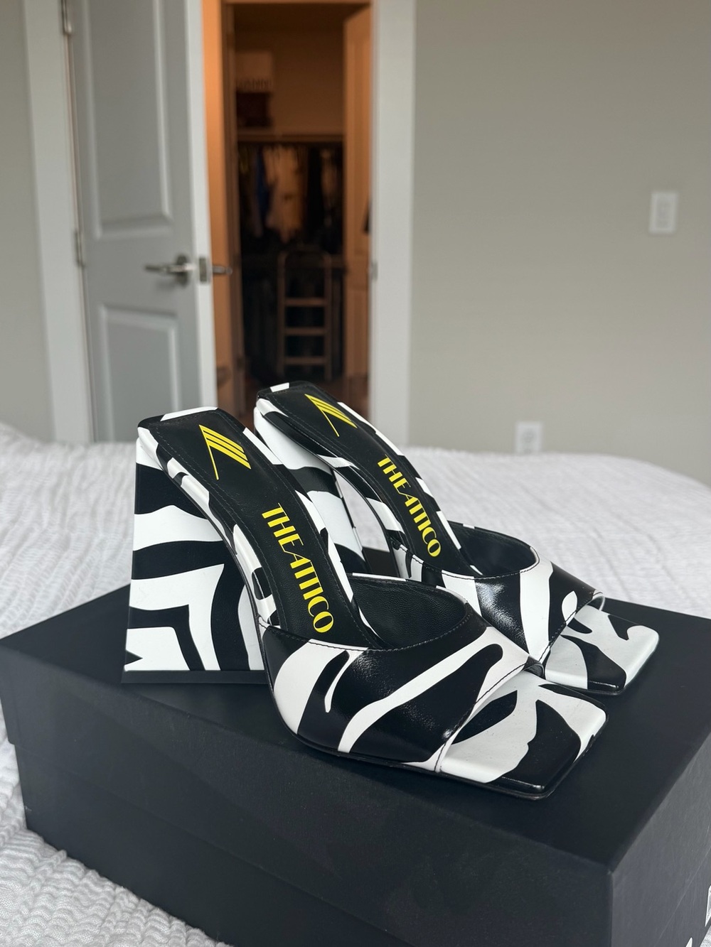 The Attico Zebra Print Wedge Mule Heels Black White Statement Sandals Size 37